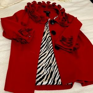 Red swing blazer, Peggy ruffled, blend wool, rayon, spandex. Lining zebra print
